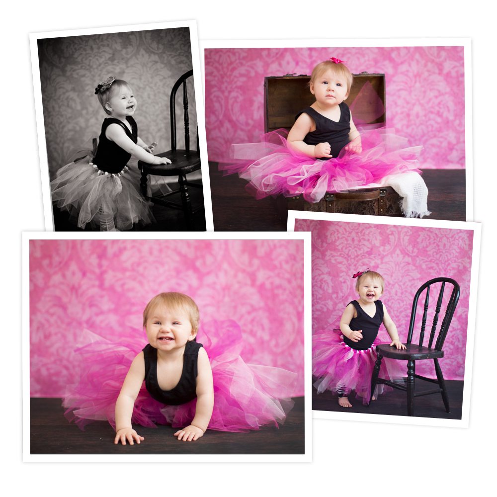 Kalamazoo Michigan Children Photography Photographer pink black trunk chair six month old baby girl pictures