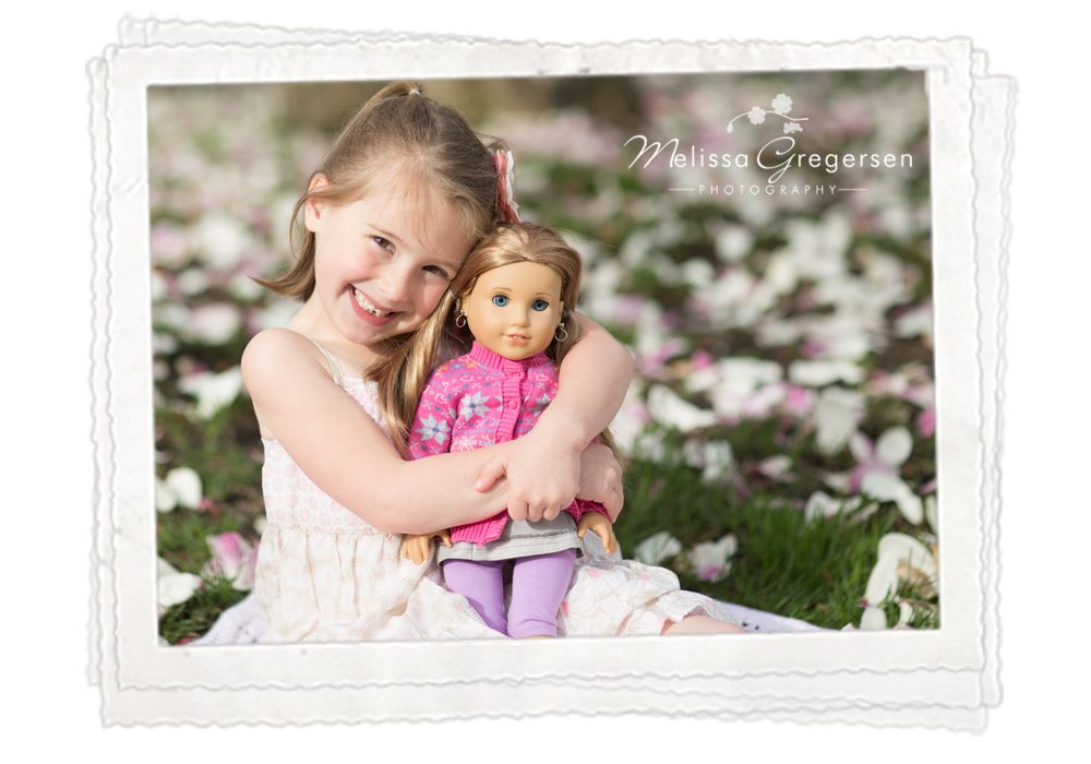 Kalamazoo Michigan Children Photography girl pink spring blossoms nature american girl doll