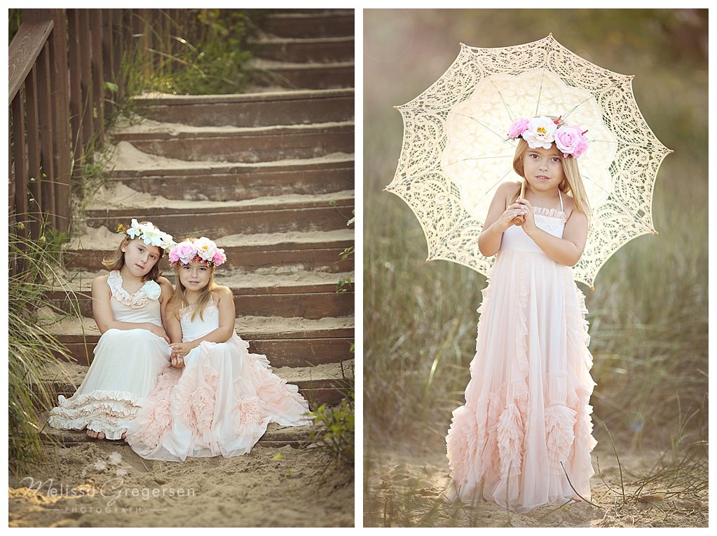 Girls in boutique dresses at the beach in South Haven Michigan for photography session