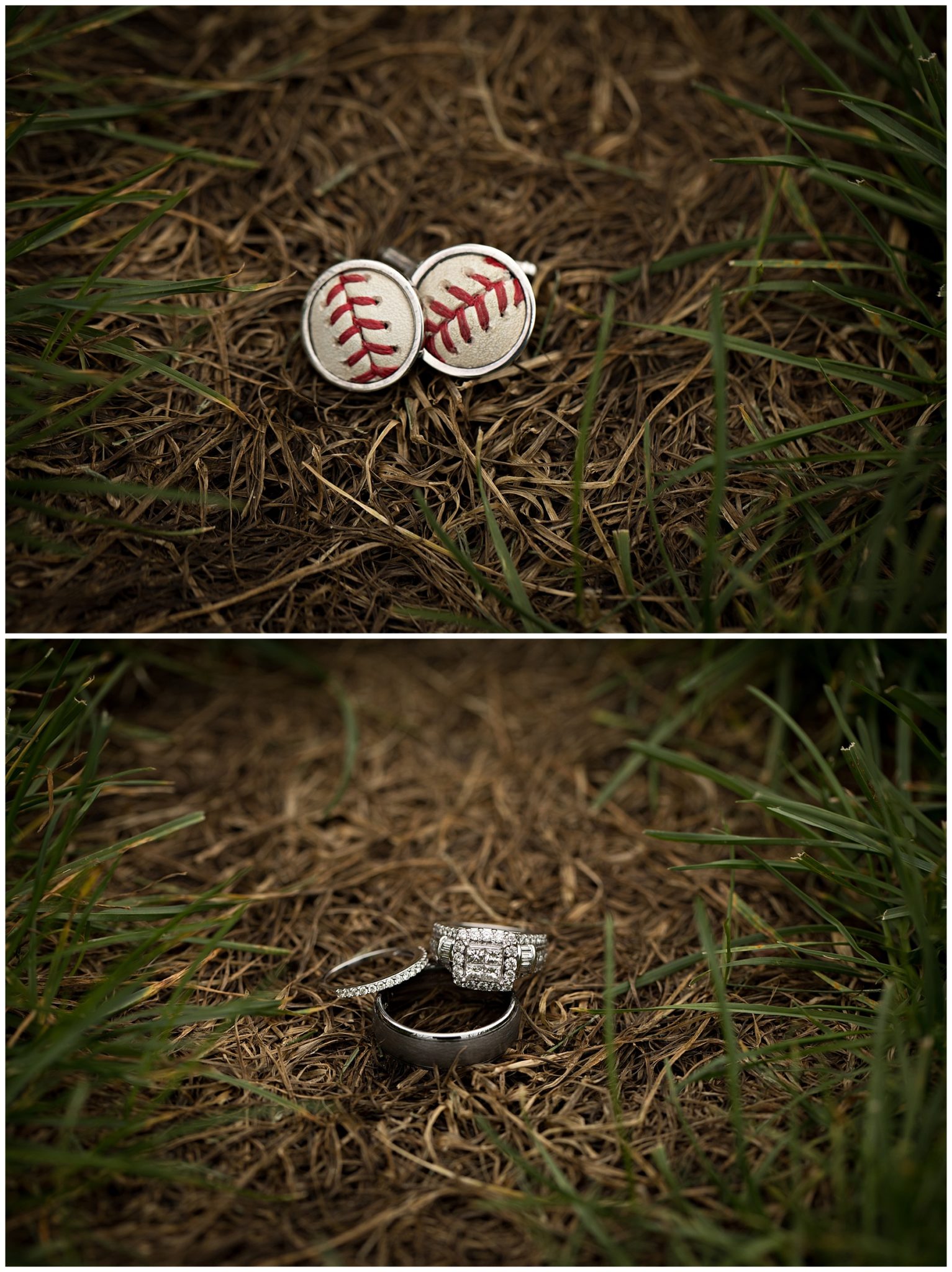 Rings and groom's unique baseball cufflinks at Bay Pointe Inn on Gun Lake photographed by Melissa Gregersen Photography