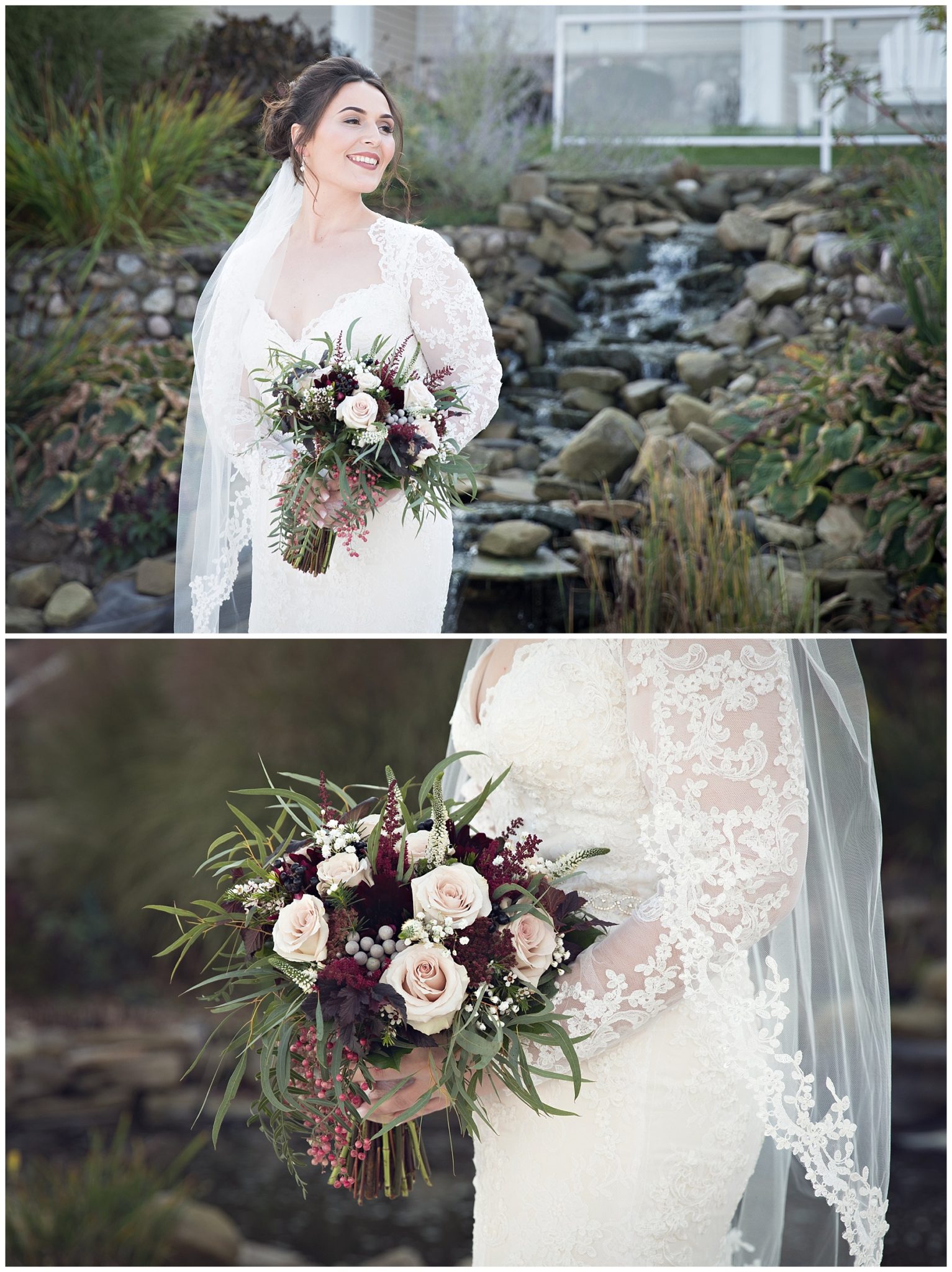 Bridal in stunning lace bridal gown with cream and Burgundy bouquet at Bay Pointe Inn on Gun Lake photographed by Melissa Gregersen Photography