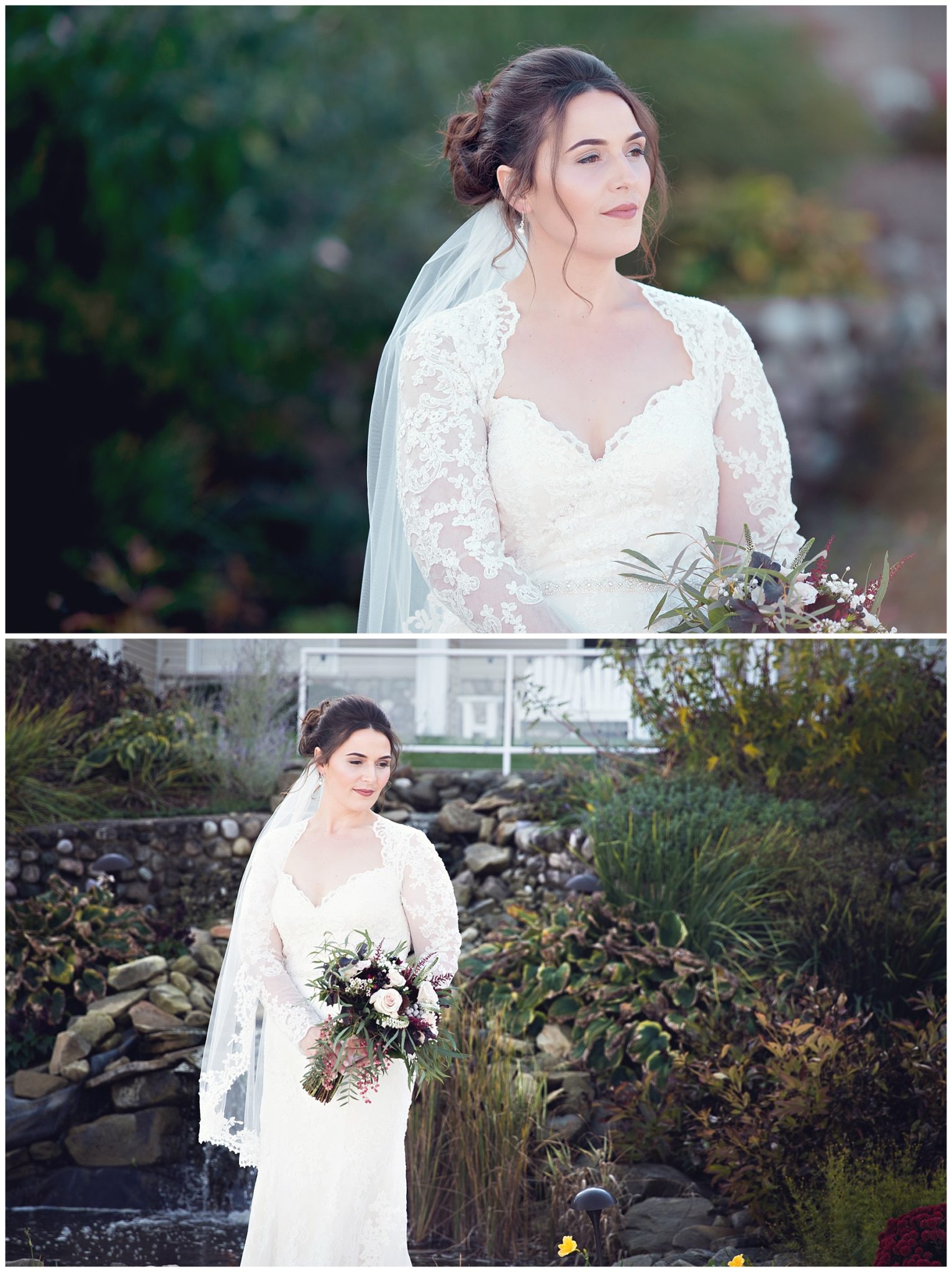 Bride in stunning long sleeve lace dress with fall colors at Bay Pointe Inn on Gun Lake photographed by Melissa Gregersen Photography