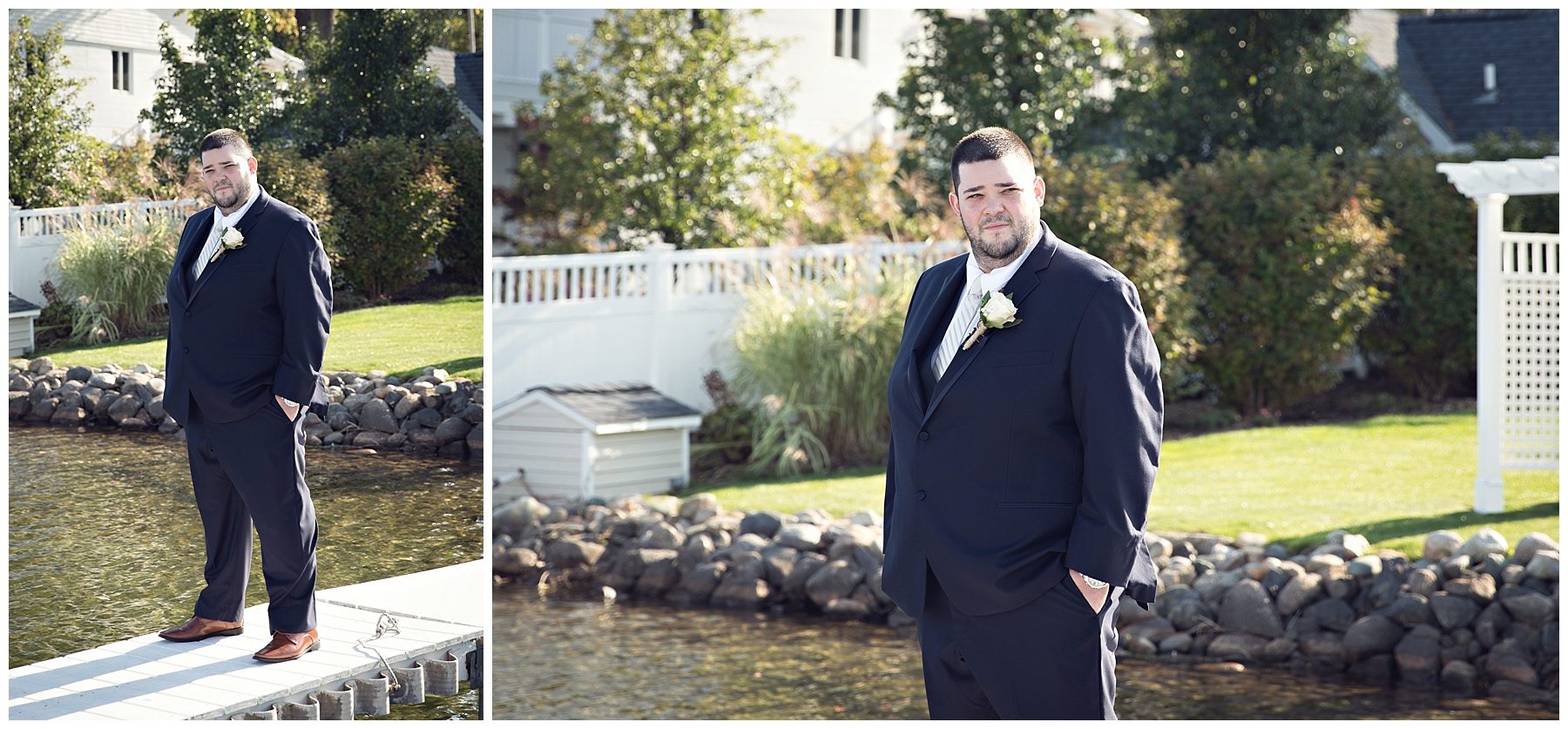 Groom Portrait on the dock at Bay Pointe Inn on Gun Lake photographed by Melissa Gregersen Photography