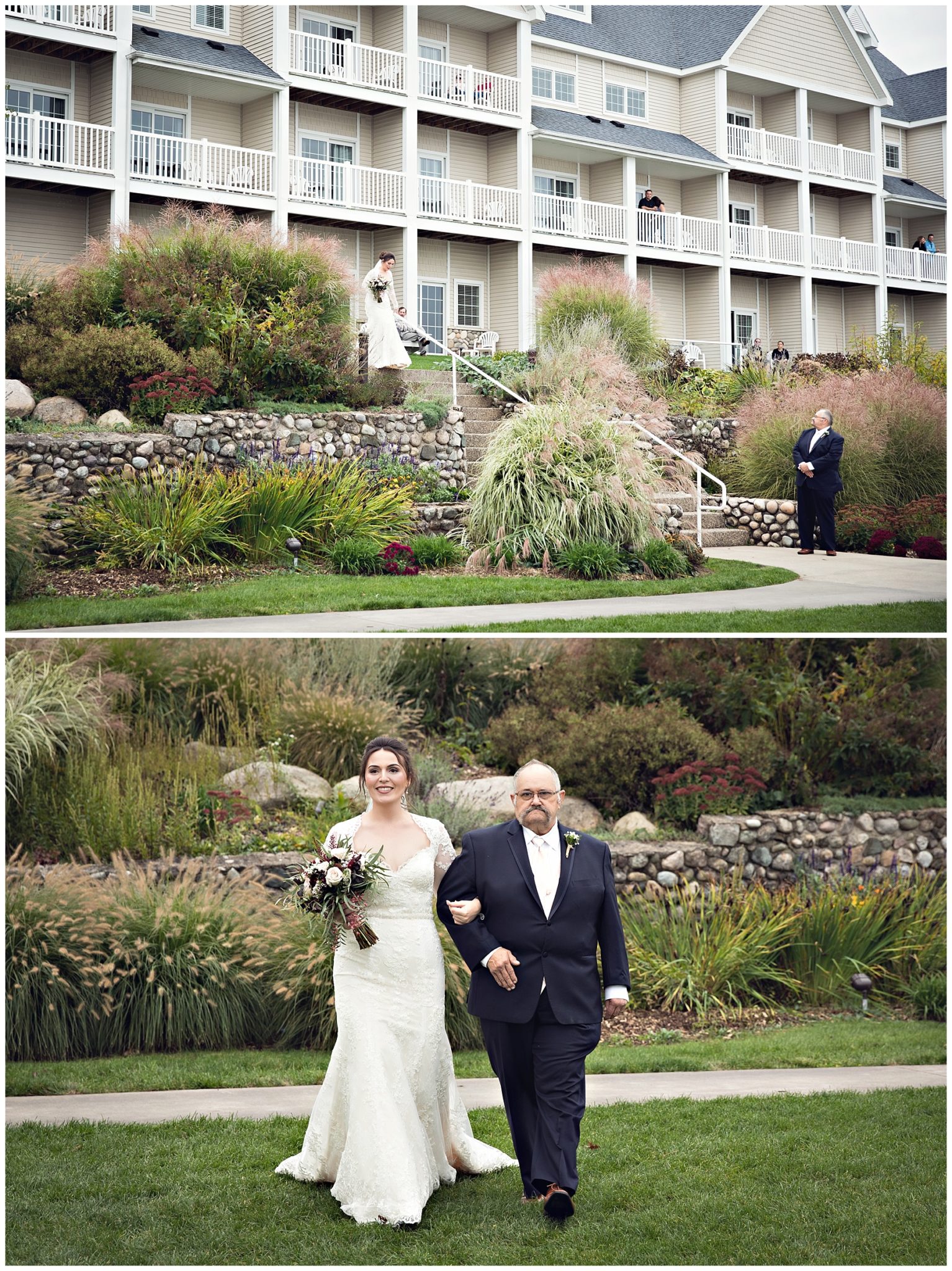 Bride walking down the aisle with her dad at Bay Pointe Inn on Gun Lake photographed by Melissa Gregersen Photography