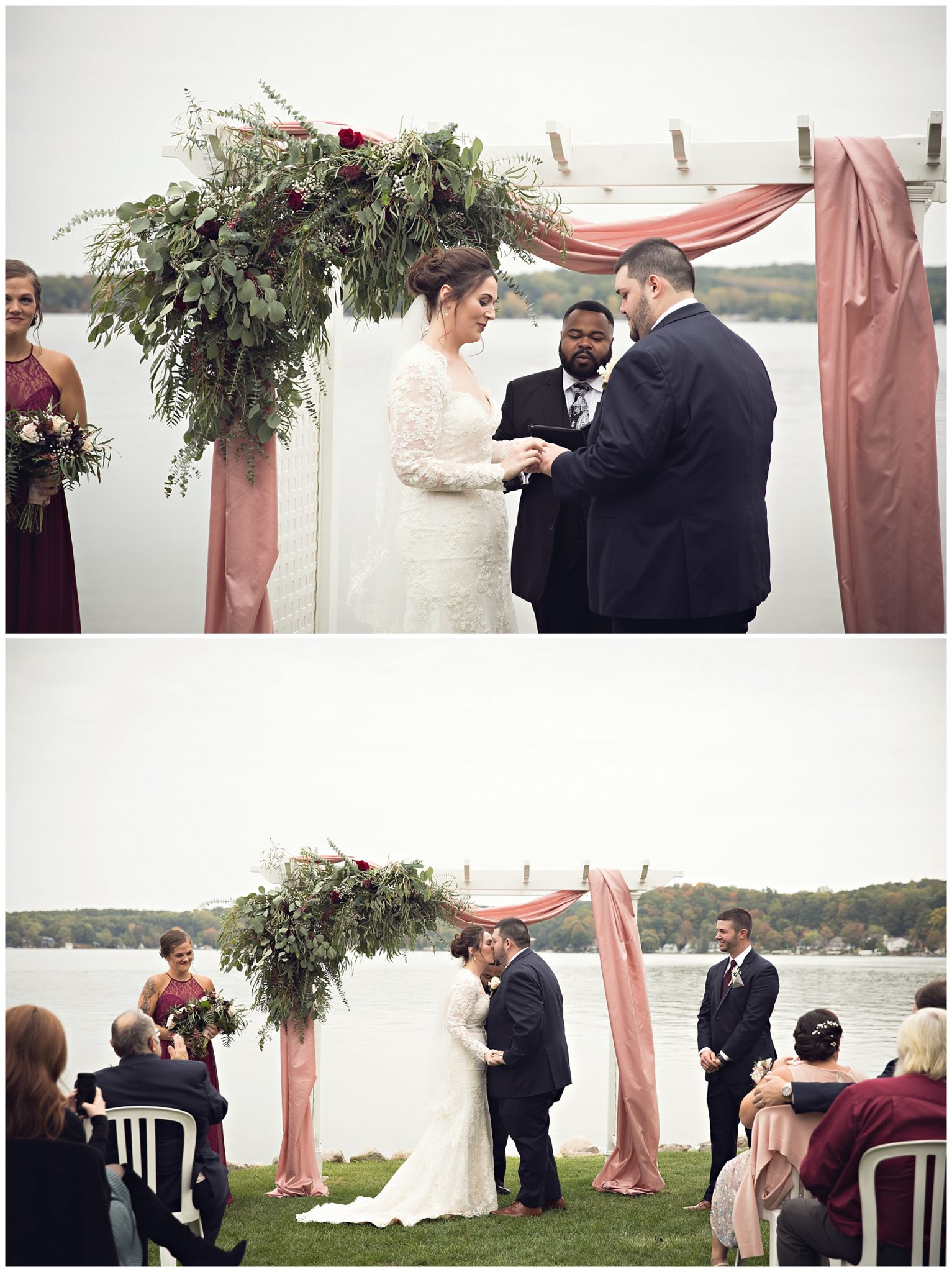 Fall colors October wedding ceremony at Bay Pointe Inn on Gun Lake photographed by Melissa Gregersen Photography