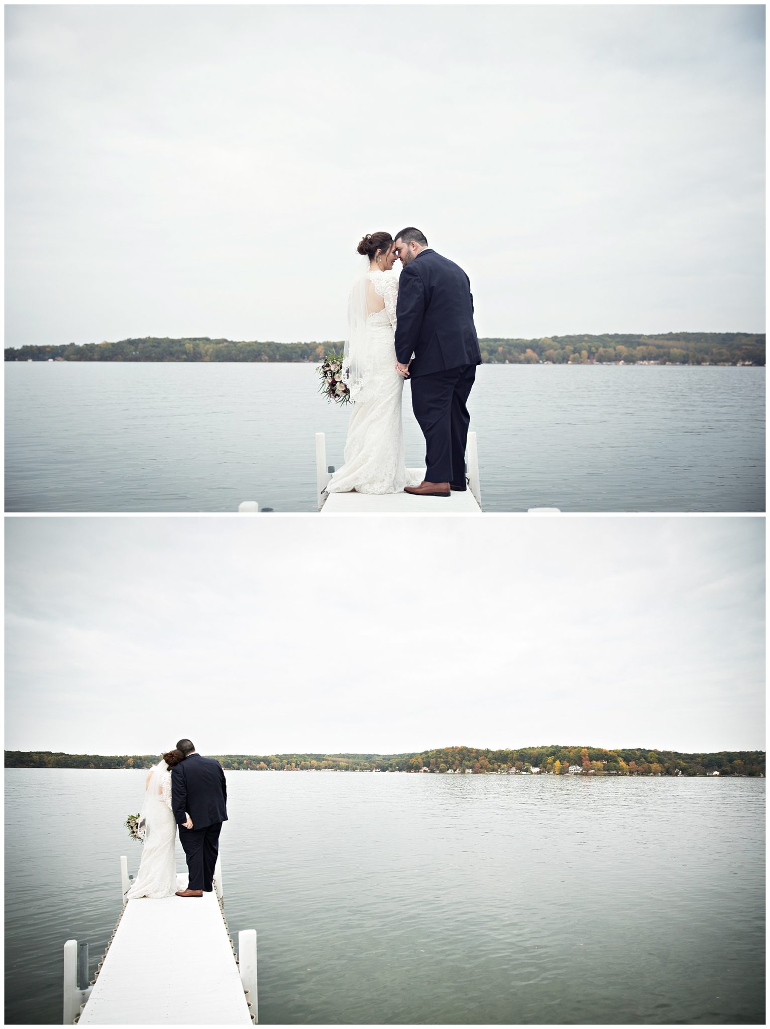 Bride and groom on the dock at Bay Pointe Inn on Gun Lake photographed by Melissa Gregersen Photography