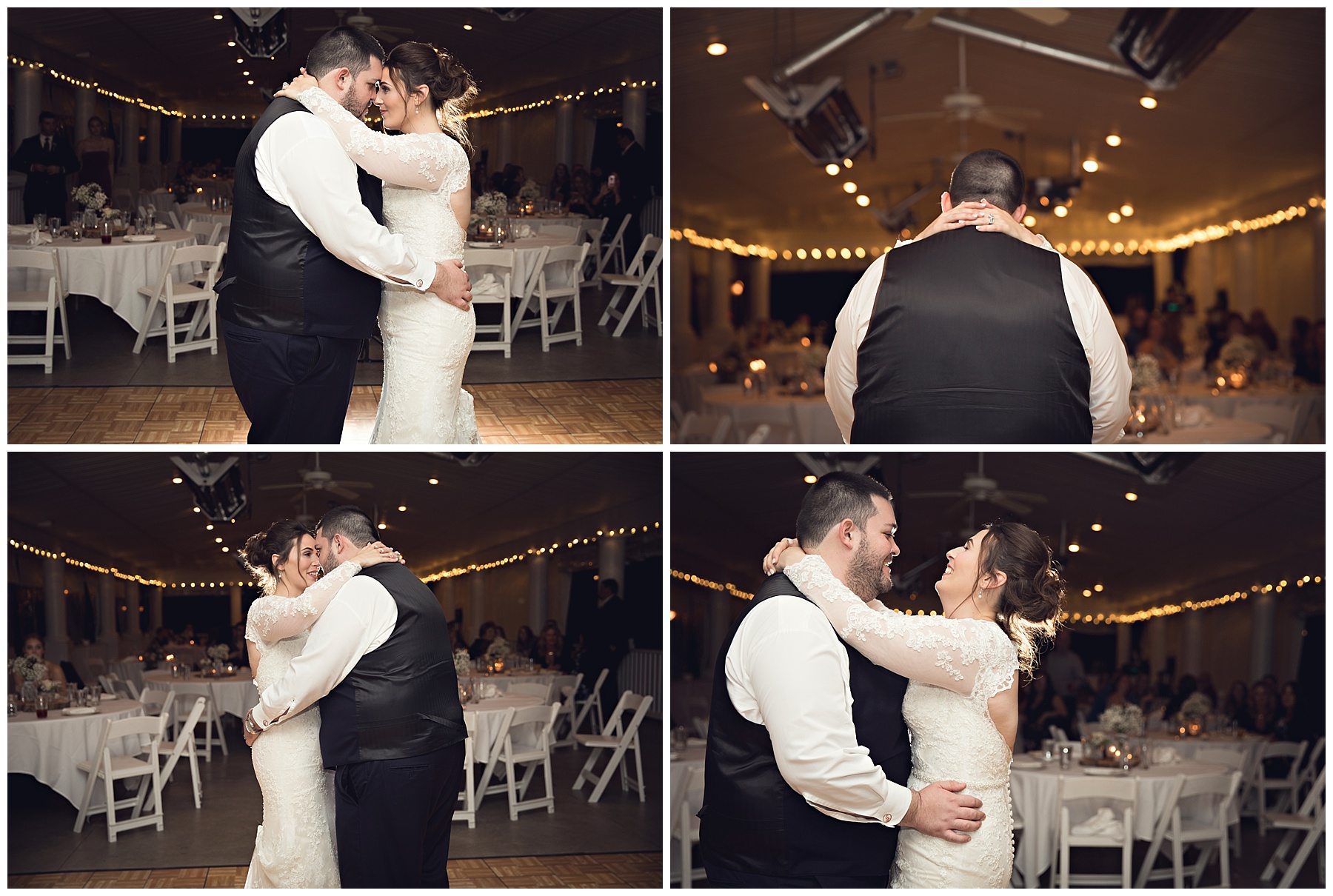 First dance of bride and groom under the lights at Bay Pointe Inn on Gun Lake photographed by Melissa Gregersen Photography