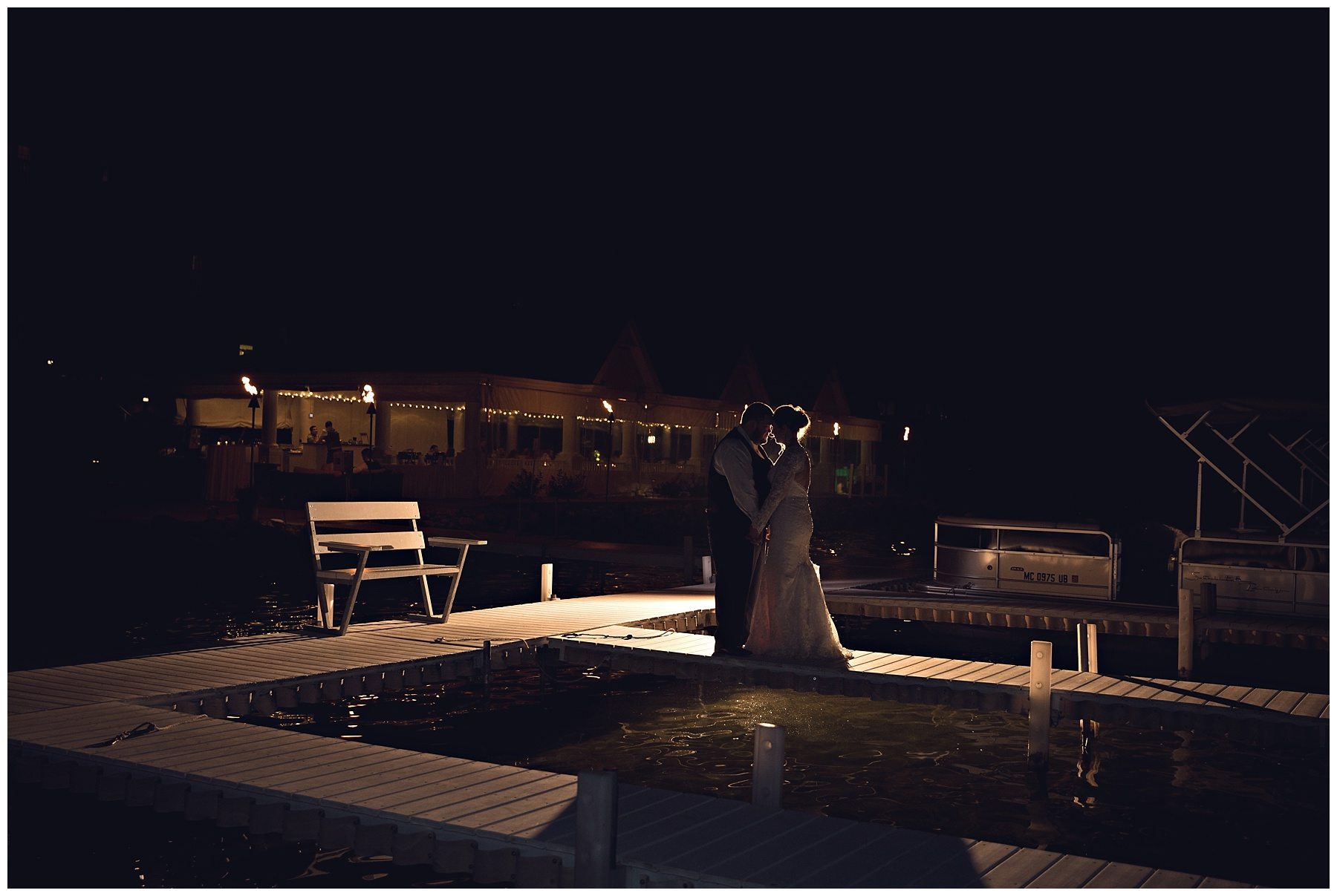 Gorgeous bride and groom night time images at Bay Pointe Inn on Gun Lake photographed by Melissa Gregersen Photography