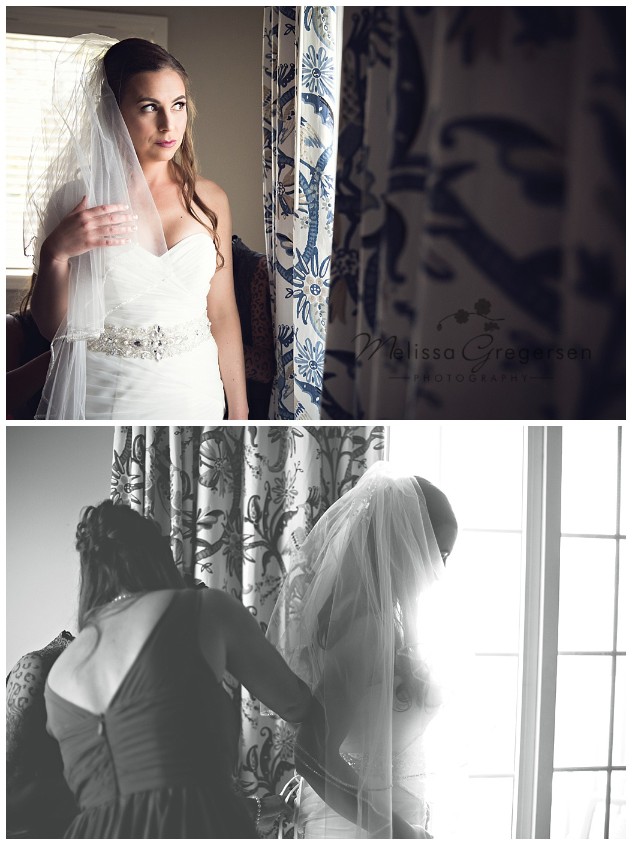 Stunning bide and gorgeous window light while getting ready in the bridal suite at Bay Pointe Inn on Gun Lake photographed by Melissa Gregersen Photography