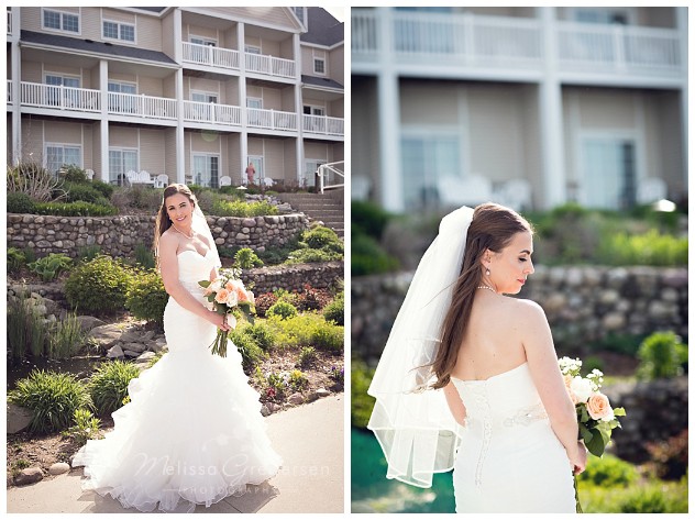 Beautiful Bride in mermaid style dress and blush and cream flowers at Bay Pointe Inn on Gun Lake photographed by Melissa Gregersen Photography