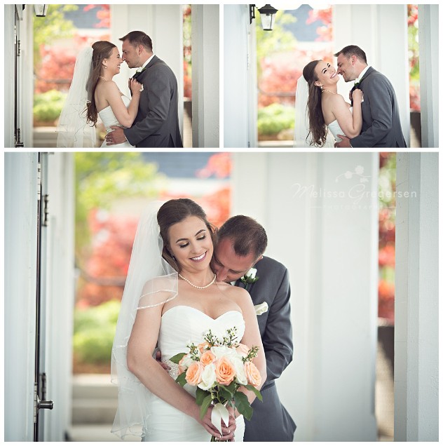 Bride and groom snuggling at the boathouse at Bay pointe Inn for their wedding 