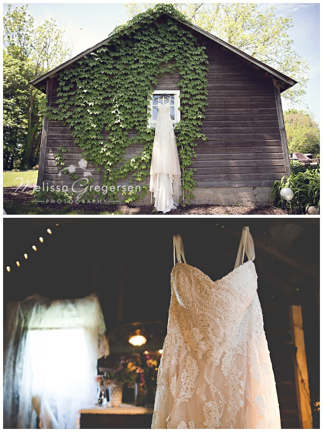 Stunning dress displayed at the vintage rose barn