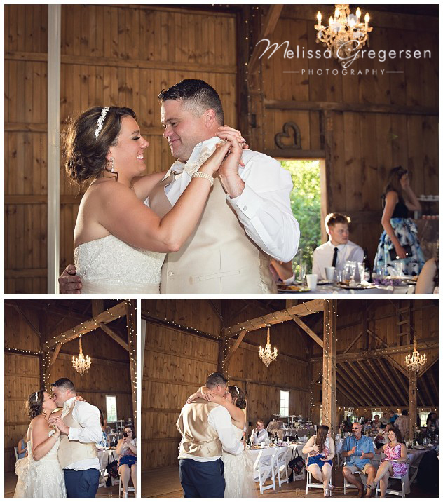 First dance under the chandeliers in the Vintage Rose barn