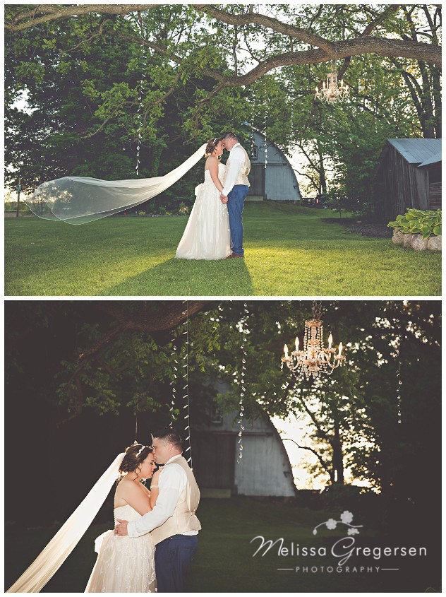 Bride and groom photographed with Sunset light and chandeliers