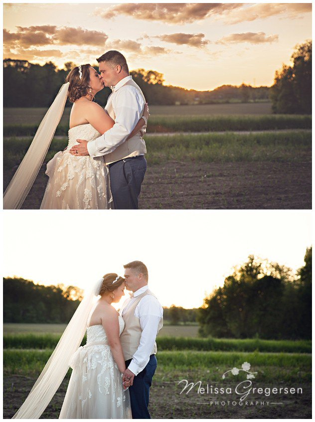 Bride and groom kissing at sunset on their wedding day at the Vintage Rose Barn