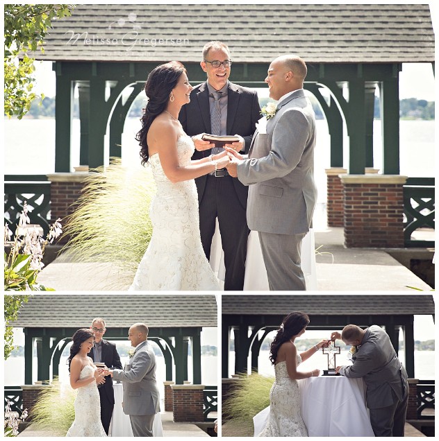 The view of the bride and groom exchanging vows is breathtaking with the lake in the background.