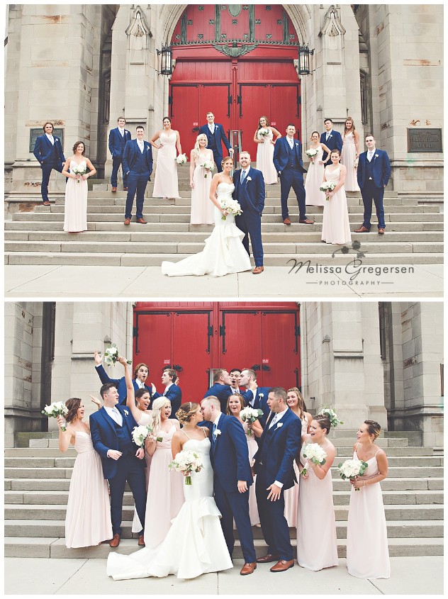 A huge red door to a local chapel makes this bridal party portrait stand out!