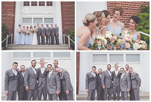 Fun bridal party shots on the steps on the church.