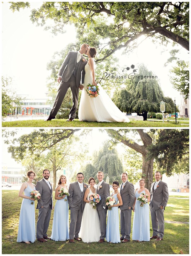 The baby blues in the bridesmaids dress and in the flowers really make this park photo look magical!