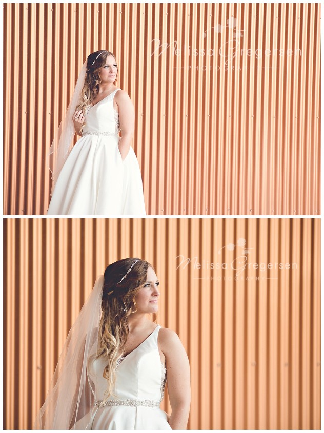 The copper background created a modern look to these bridal portraits at the Fetzer Center