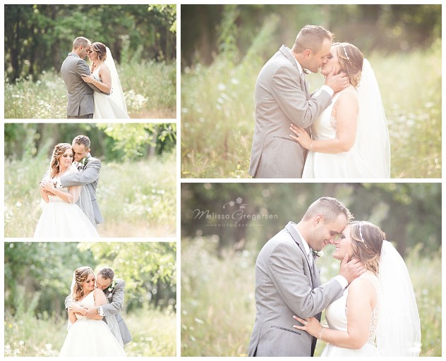 Open field shots of the bride and groom snuggling together with gorgeous lighting