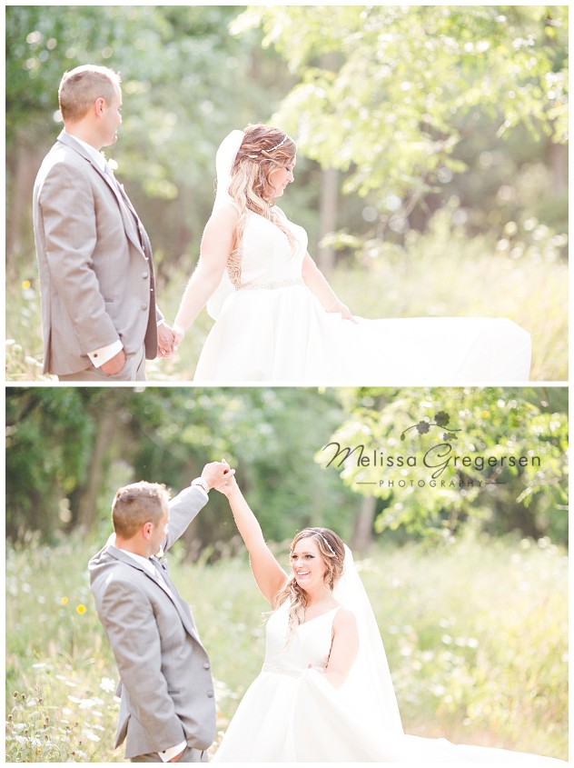 Bride and groom dancing outdoors in beautiful natural light