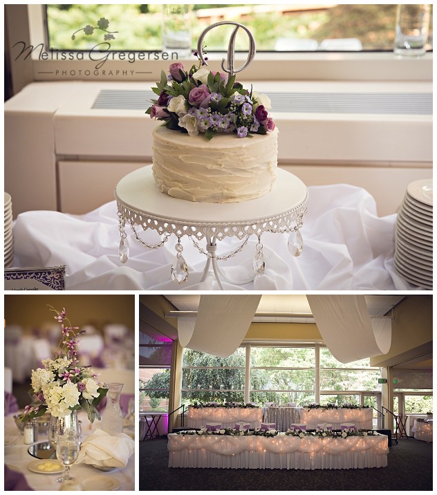The cake, flower center pieces and the head table were beautifully lit with lights and purple flowers.