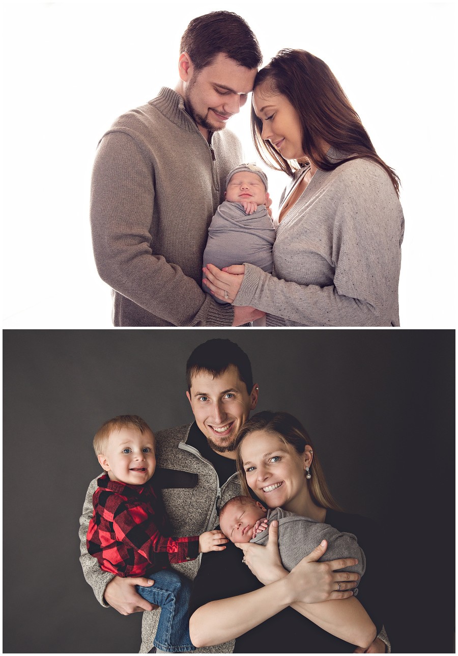 Newborn's and their first family portraits in simple white and dark gray backgrounds.