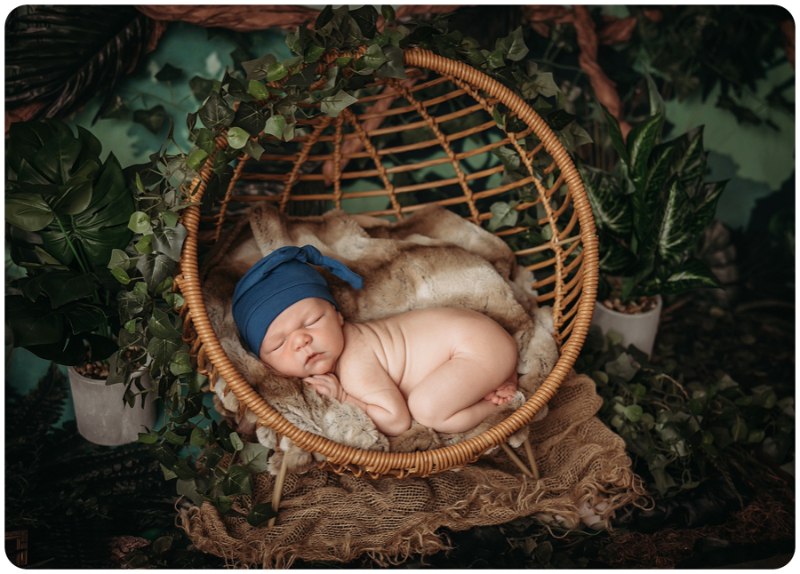 Handsome newborn baby boy in a jungle greenhouse 