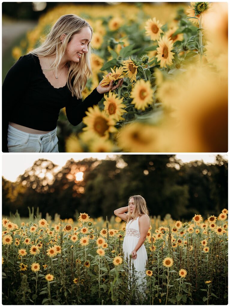 Plainwell high School Senior girl photographed in a sunflower field. 